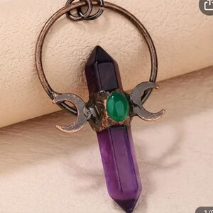 Amethyst & green agate crystal pendant crescent moon witchy charm